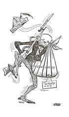 Voor PvdA-voorzitter Tans was Nieuw Links een zware last. Zijn arm zit in een mitella omdat Tans last heeft van zijn arm (Nieuw Links) en zijn nagel ( Jan Nagel ). Speerpunt in de discussie was de houding van de PvdA ten opzichte van de NAVO. Tekenaar: GIS