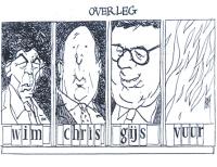 Spotprent in 'Het Parool' 16 november 1982 bij het tot stand komen van het akkoord van Wassenaar; van links naar rechts: Kok (FNV), Van Veen (VNO), Van Aardenne (vice-premier, minister van Economische Zaken