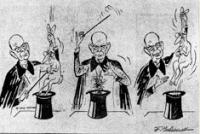 De Gaay Fortman tovert een konijn uit de hoge hoed, maar dat is hetzelfde als wat hij daarin had gedaan (spotprent F. Behrendt, Algemeen Handelsblad)