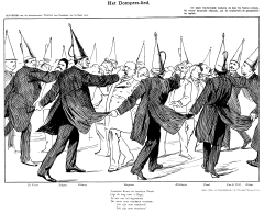 Een groep zwartgeklede mannen duwt hun handen in de monden van andere mannen zodat zij niet kunnen spreken. Bovenin staat "De heele Rechterzijde (behalve de heer De Stuers) ontnam bij vooraf beraamde afspraak, aan de minderheid de gelegenheid tot repliek.