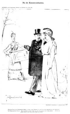 Spotprent waarin minister Tak van Poortvliet en een vrouw ('De Nederlandsche Maagd') zich beklagen over de tweede Kamer, die op de achtergrond als vrouw is afgebeeld