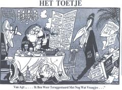 Wiegel en Van Agt moeten opnieuw 'dineren', nadat de CDA-fractie honderden amendementen heeft ingediend op het ontwerp-regeerakkoord. Onder tafel CDA-coryfee Frans Andriessen. (Opland in de Volkskrant, 26 november 1977)